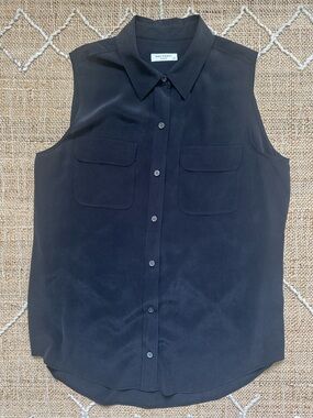 Equipment Washed Silk Sleeveless Blouse Button Down Gray Black Large